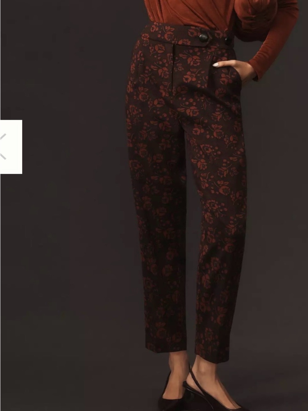 Anthropologie Maeve navy blue slacks with Rust Floral Jacquard
